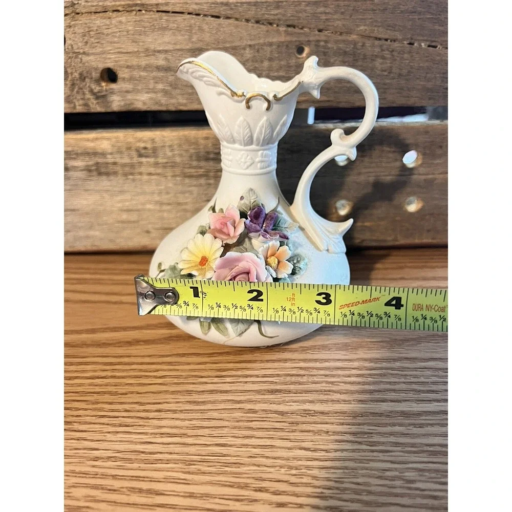 Small Vintage Lefton China‎ Pitcher Vase Matte Finish Raised Flowers gold trim